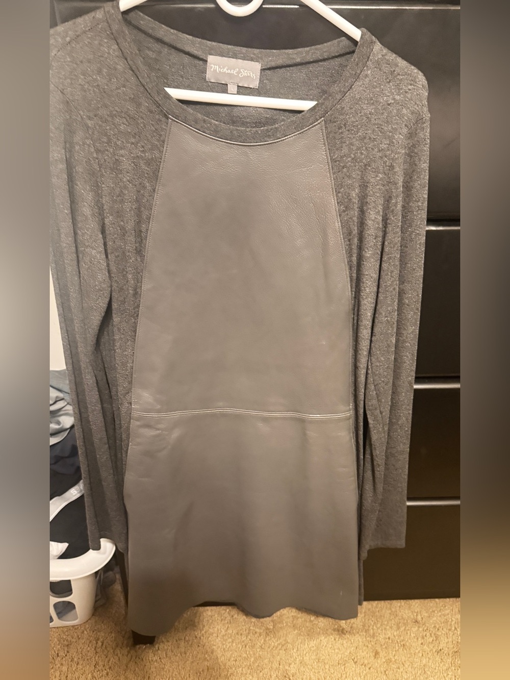 Michael Stars Gray Crewneck dress with Leather Front Panel. Size Large